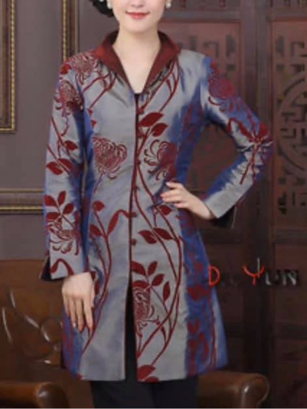 Gray Satin Trench Coat with Burgundy Floral Velvet Trim - Picture 2 of 7